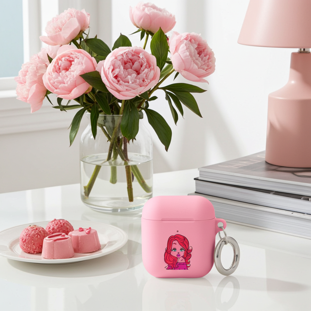 Airpod case with a Sagittarius character design on a table next to chocolates and a pink lamp.