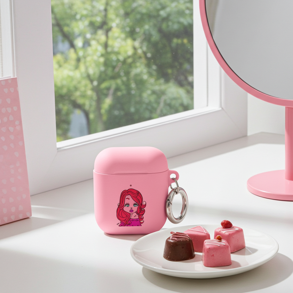 Pink case with a sagittarius character design on a table with a plate of desserts and a mirror.