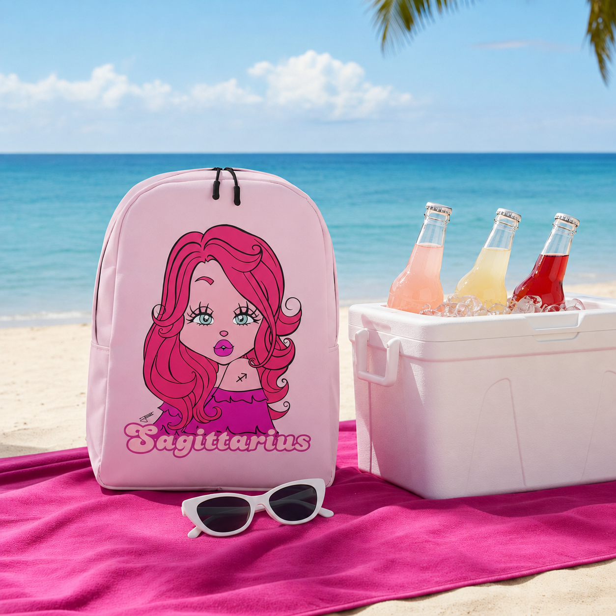 Pink backpack with a cartoon design of a girl with pink hair and 'Sagittarius' text on a beach with a cooler and drinks.