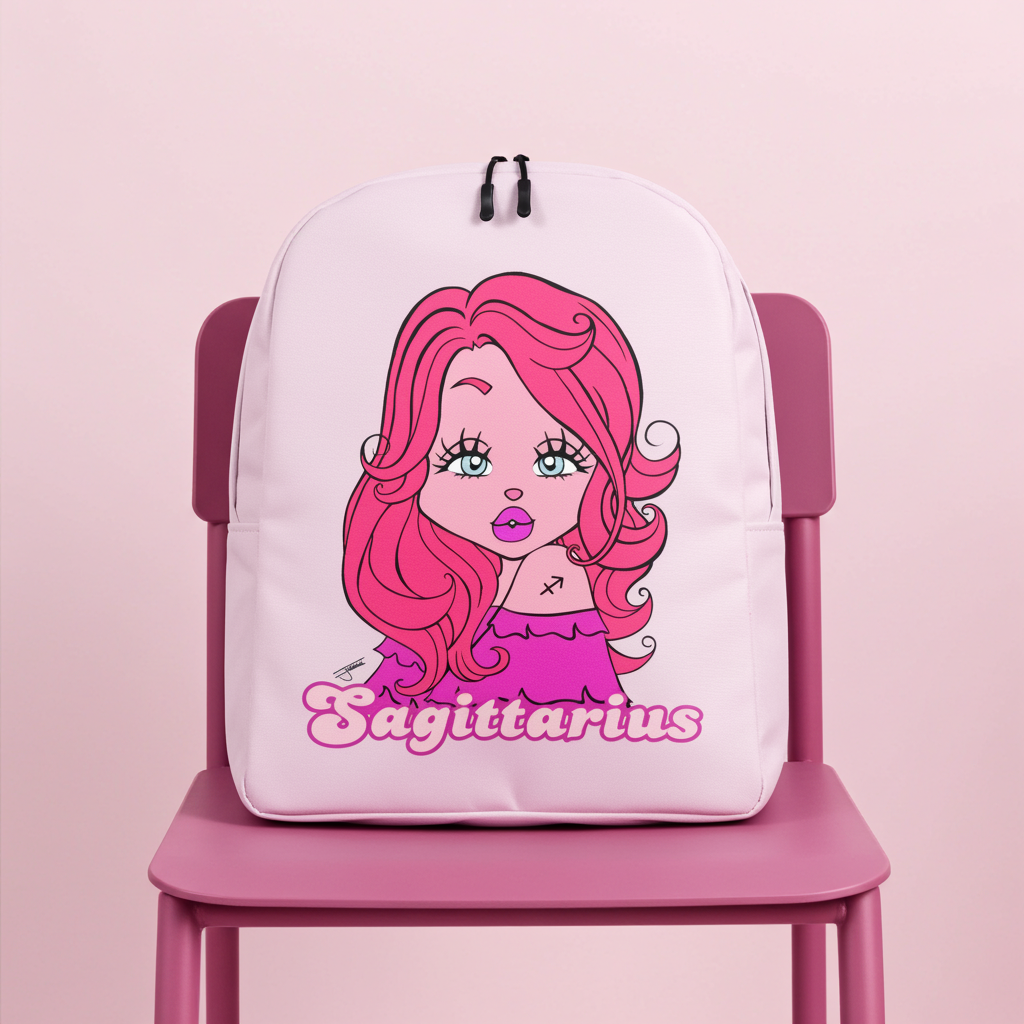 Backpack with a Sagittarius character and 'Sagittarius' text on a pink chair against a pink background