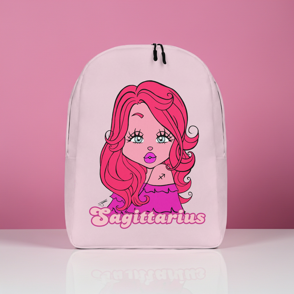 Backpack with a cartoon design of a girl with pink hair and the word 'Sagittarius' on a pink background
