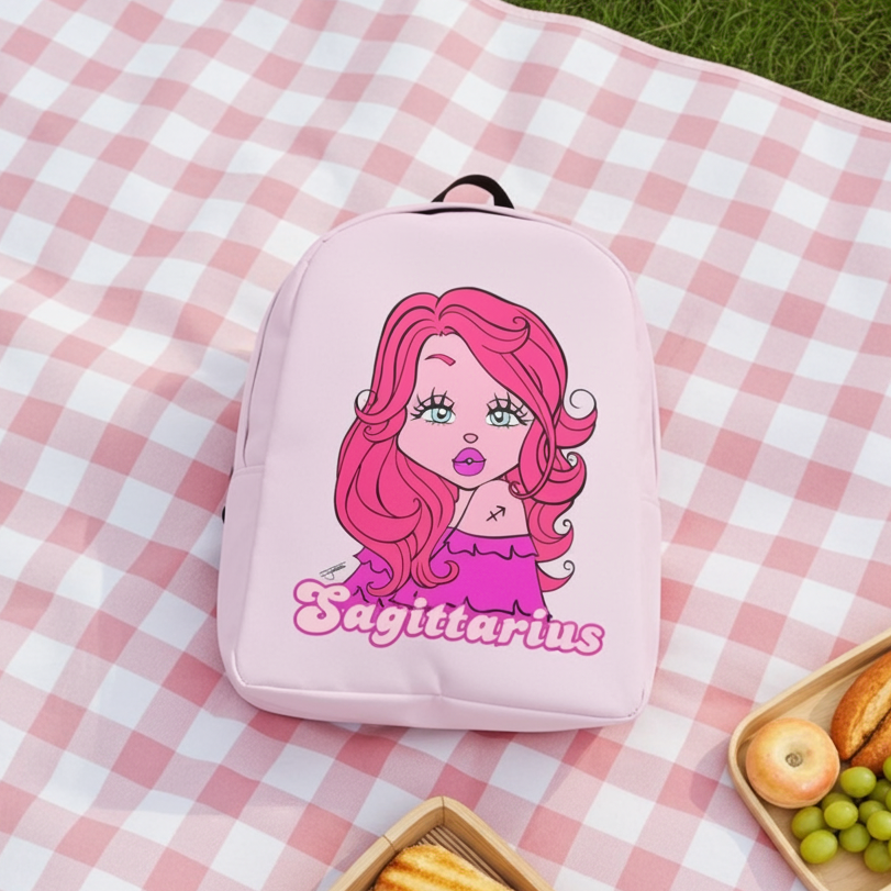 Pink backpack with 'Sagittarius' design on a checkered blanket outdoors