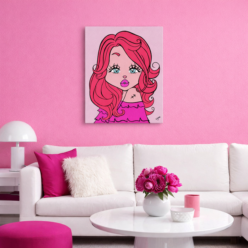 Living room with a pink wall, white sofa, and a painting of a Sagittarius character.