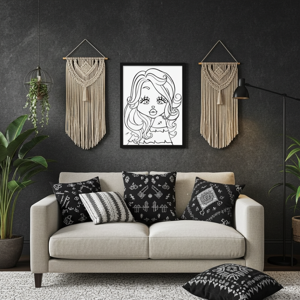 Living room with a beige sofa, decorative pillows, and wall art featuring a Sagittarius character portrait.