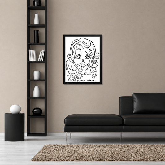 Modern living room with a black sofa, bookshelf, and framed artwork on the wall.