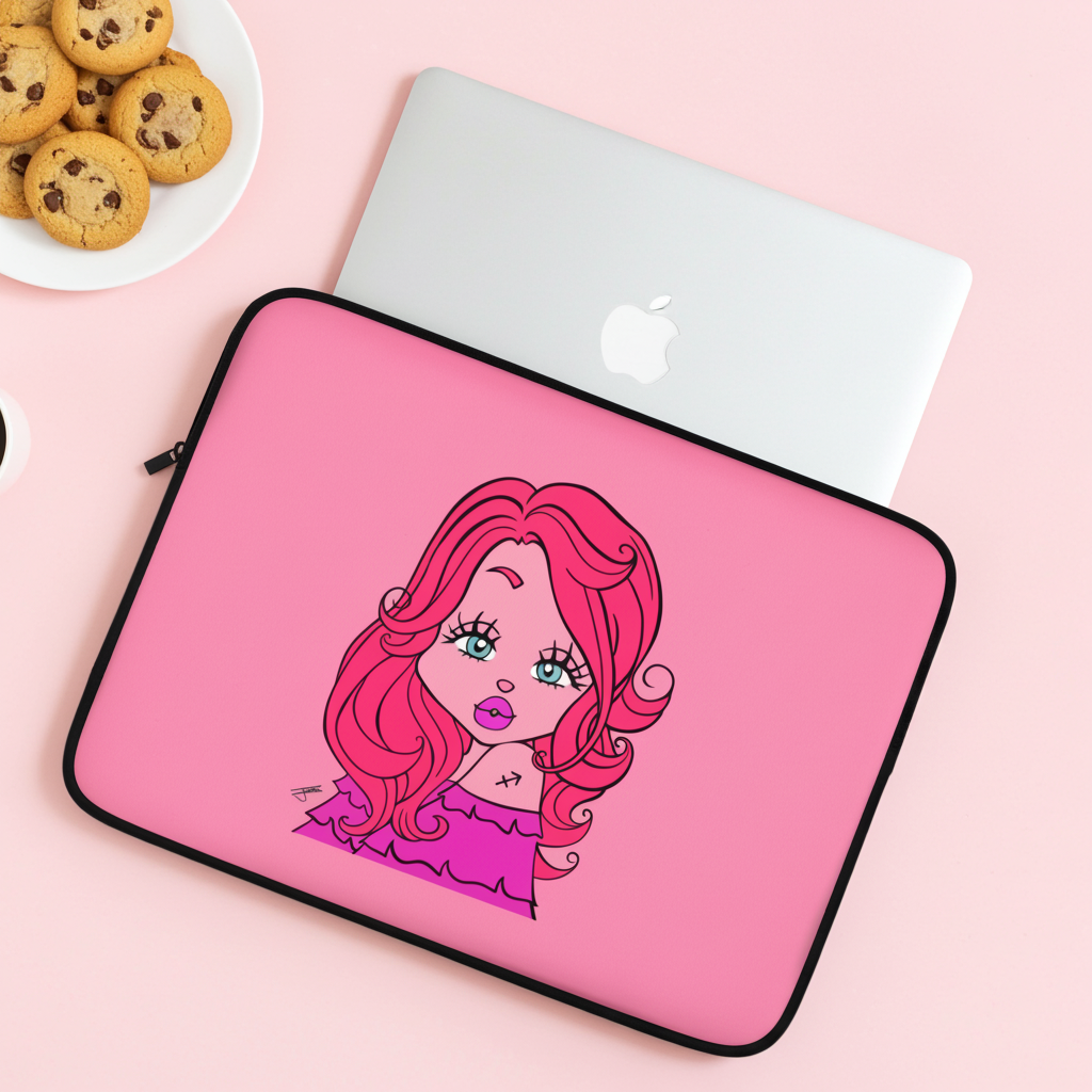 Pink laptop sleeve with a Sagittarius character on a pink surface with cookies.