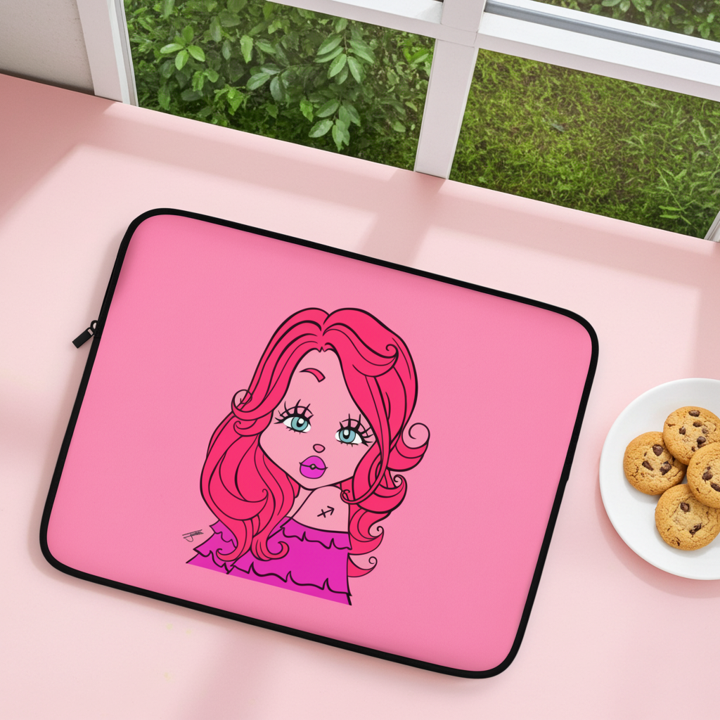 Pink laptop sleeve with a Sagittarius character on a pink surface with cookies.