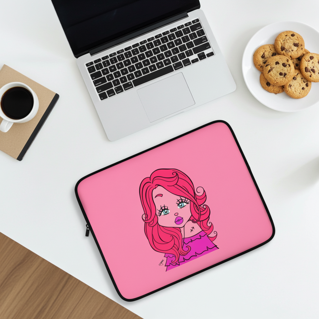 Pink laptop sleeve with a Sagittarius character on a desk with a laptop and cookies.