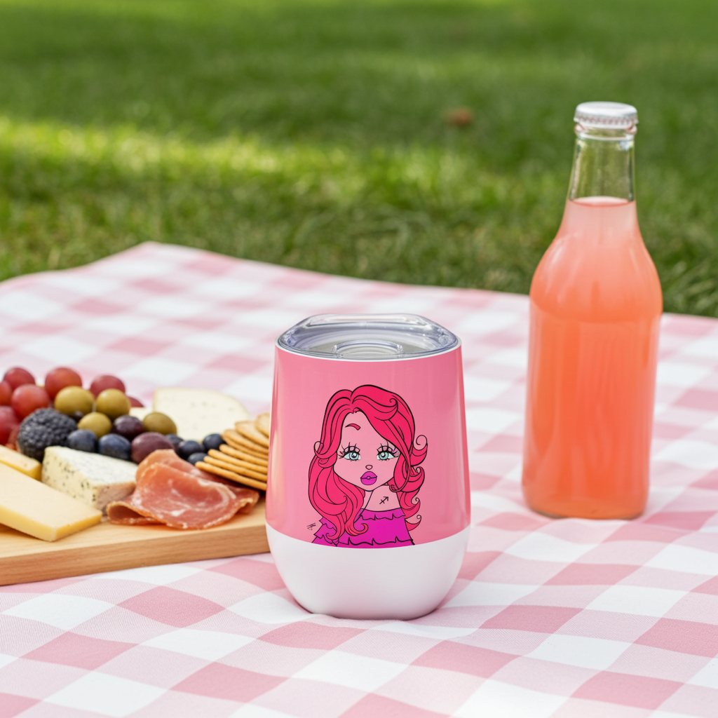 Pink tumbler with a Sagittarius character on a picnic blanket with food and a bottle of juice.