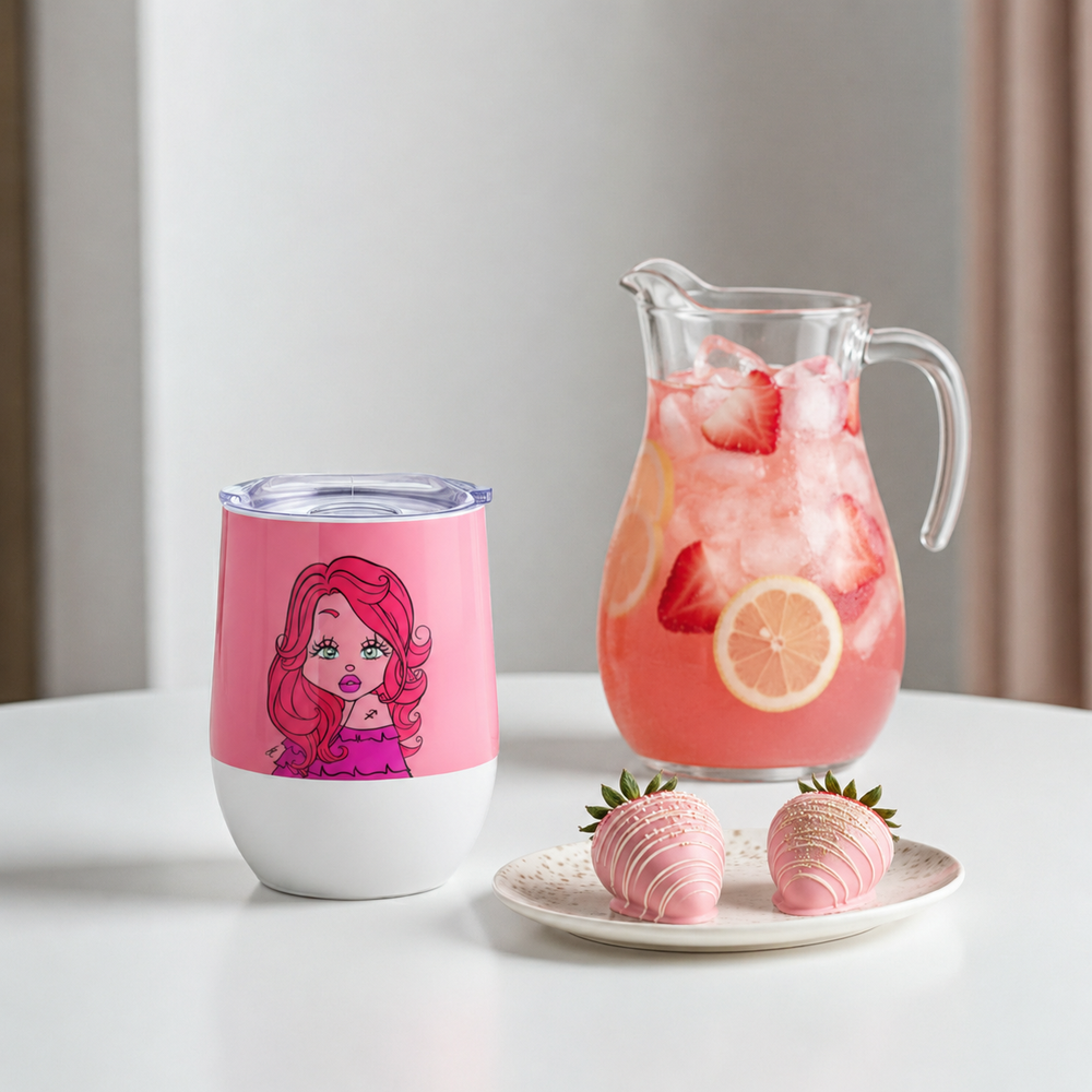 Pink tumbler with Sagittarius character and glass pitcher with pink lemonade on a white surface.