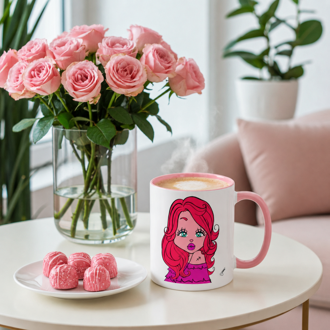 Cup with a Sagittarius character design, pink roses, and chocolates on a table.