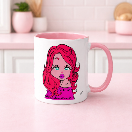 Mug with a Sagittarius character design on a pink surface