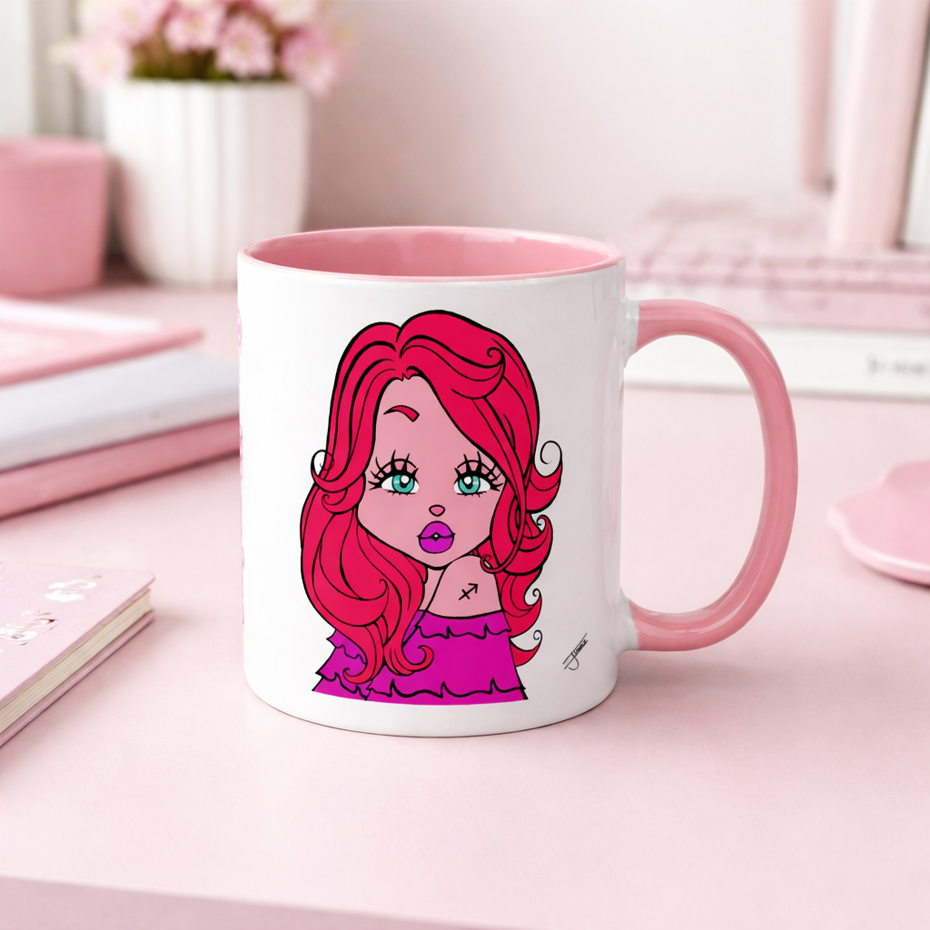Mug with a Sagittarius character design on a pink surface