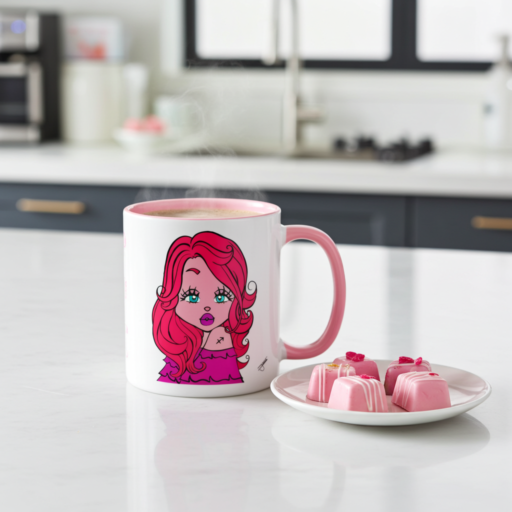 Mug with a Sagittarius character on a kitchen counter with a plate of pink treats.