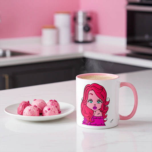 Mug with a Sagittarius character on a kitchen counter next to pink ice cream.