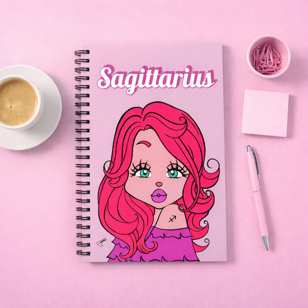 Notebook with a Sagittarius character on a pink background, featuring a cup of coffee and stationery items.