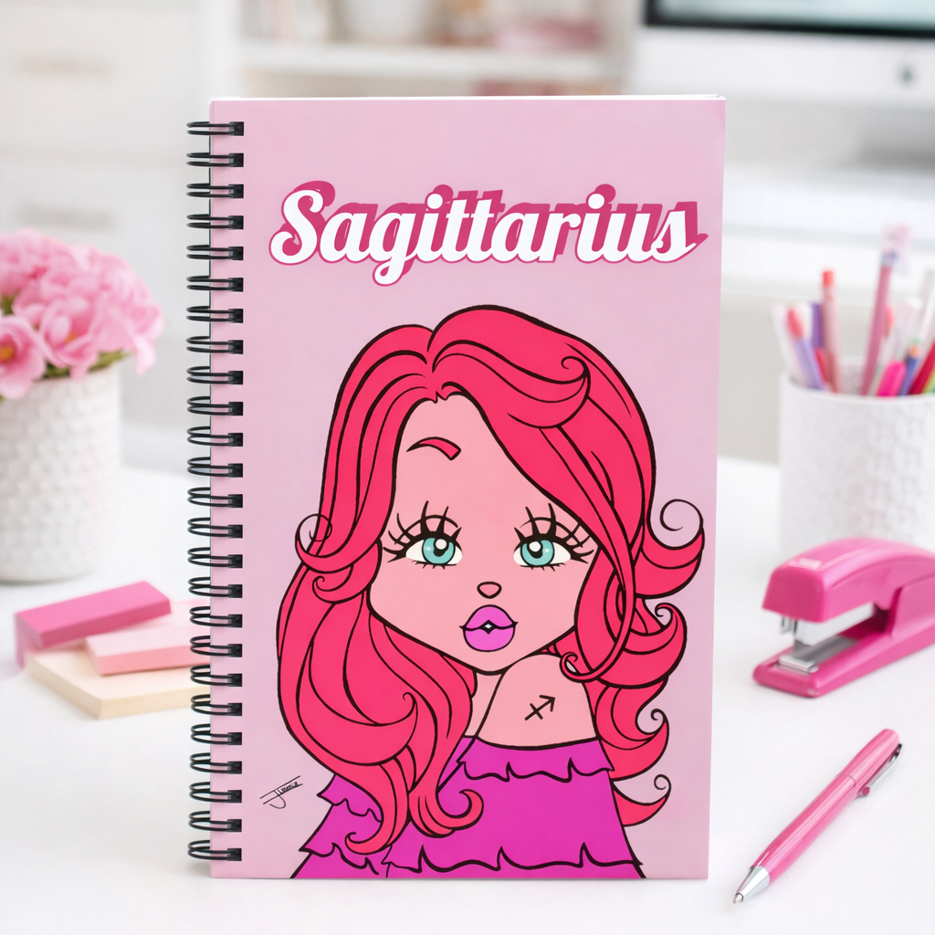 Notebook with a Sagittarius Notebook with magenta pink hair and 'Sagittarius' text on a pink background, placed on a desk.