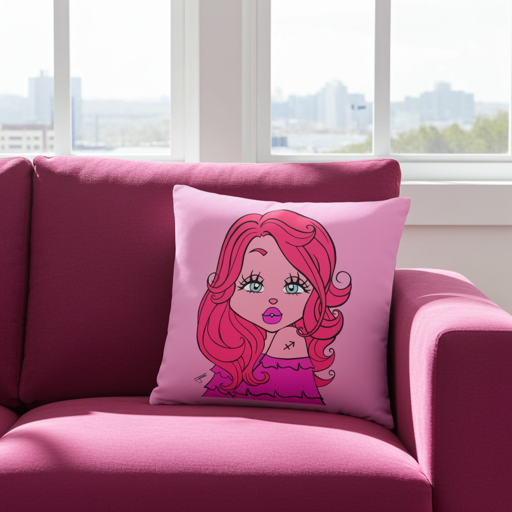 Pink pillow with a cartoon character on a pink couch in a room with large windows.