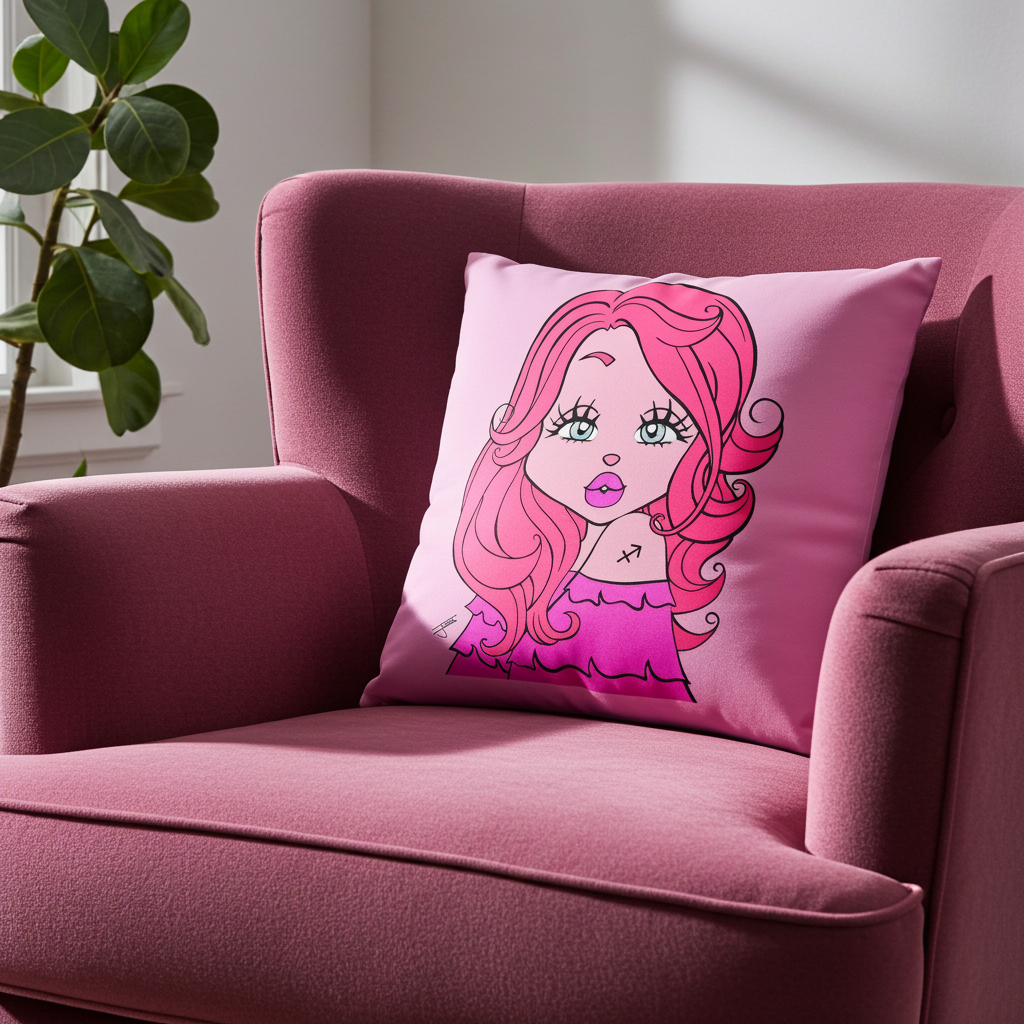 Pink pillow with a cartoon character on a pink chair next to a plant
