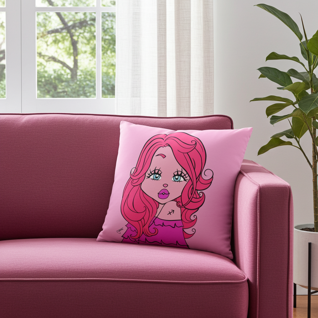 Pink pillow with a cartoon character on a pink couch in a bright room with a plant.