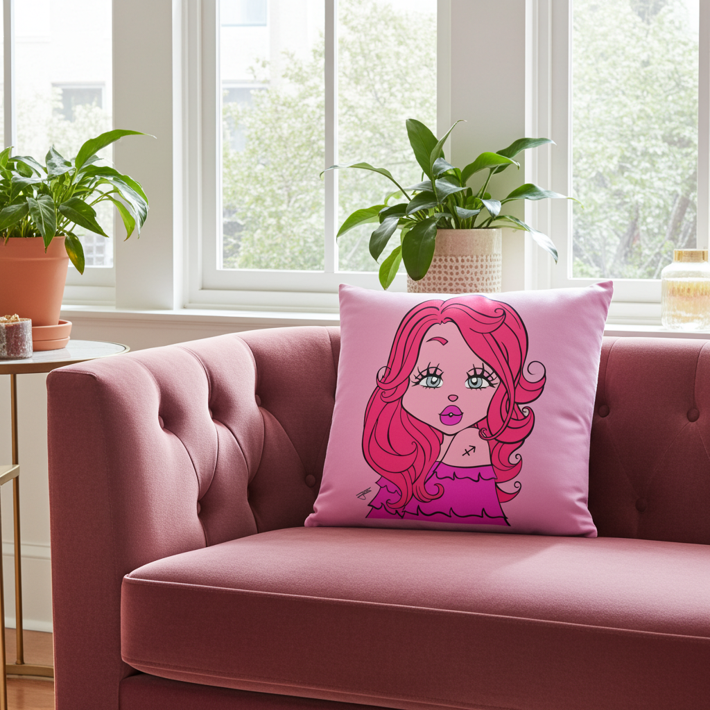 Pink pillow with a cartoon character on a pink couch in a bright room with plants.