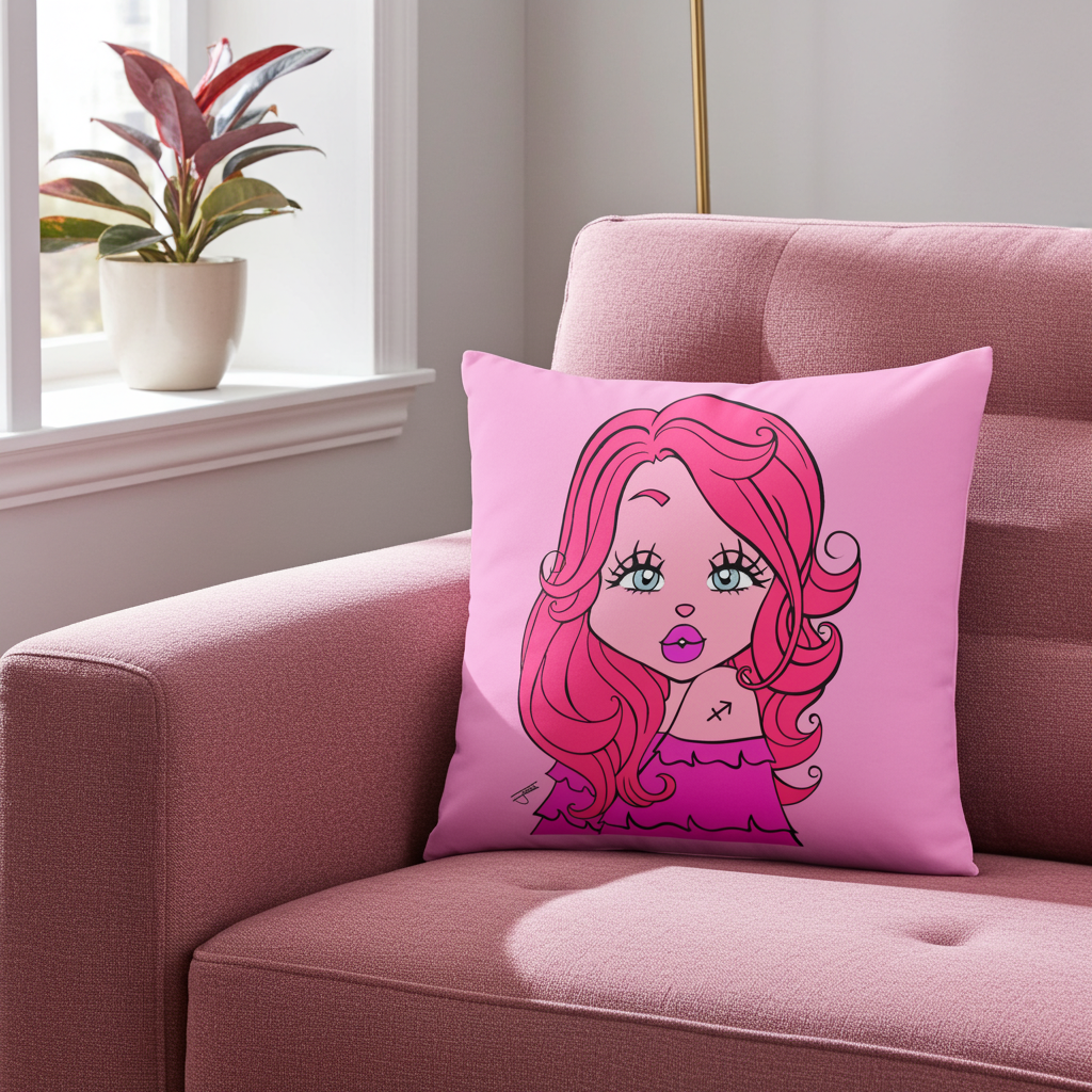 Pink pillow with a cartoon character on a pink couch next to a window with a plant.