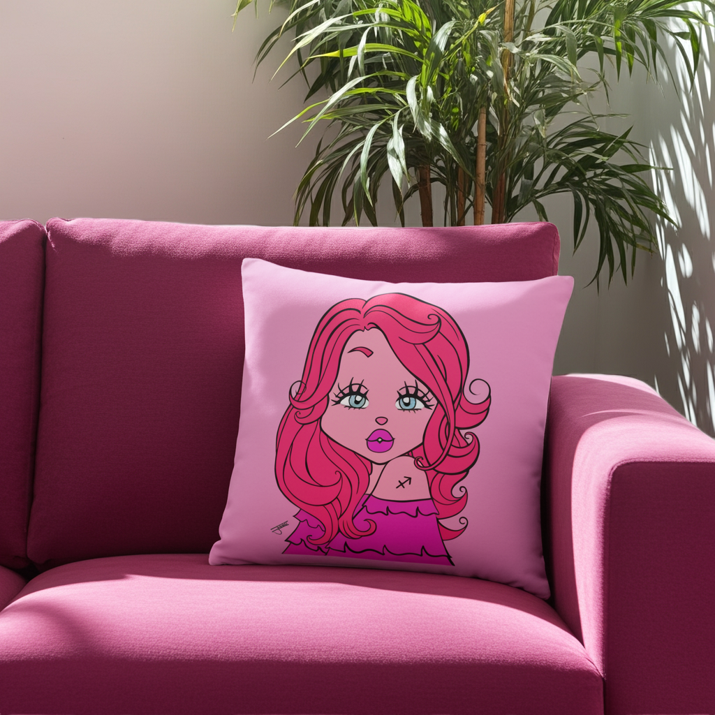 Pink pillow with a cartoon character on a pink couch in a room with a plant.