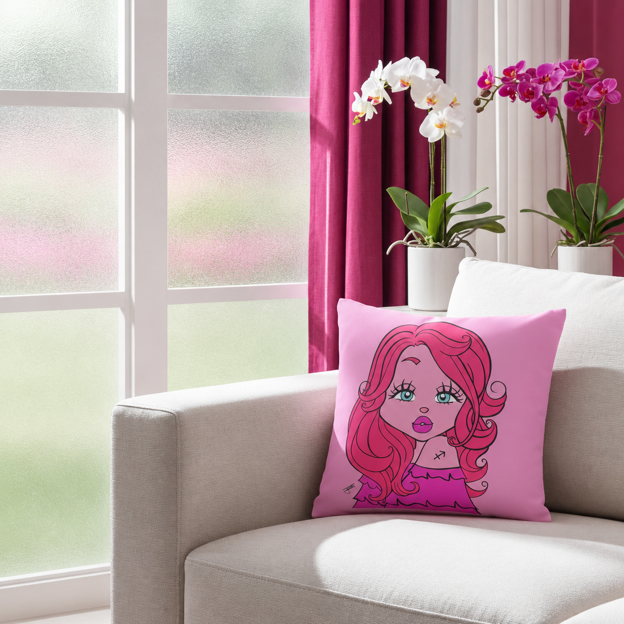 Pink pillow with a Sagittarius character on a beige sofa in a room with pink curtains and orchids.