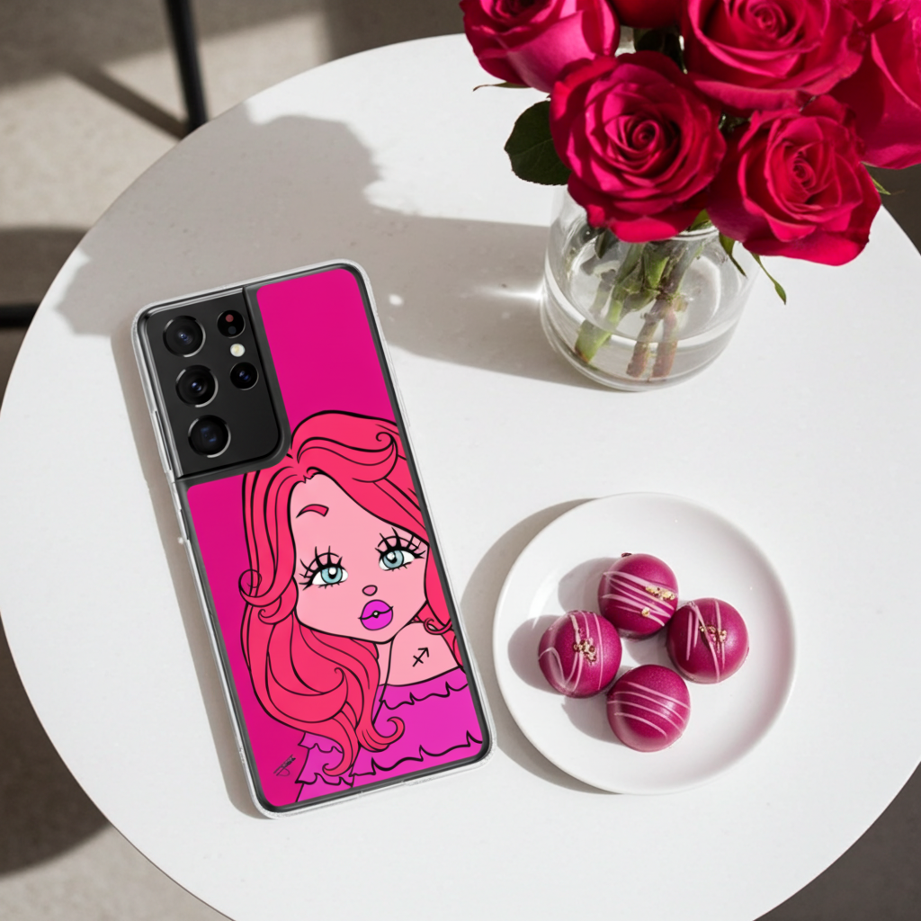 Phone case with a pink Sagittarius character on a white table with roses and chocolates.
