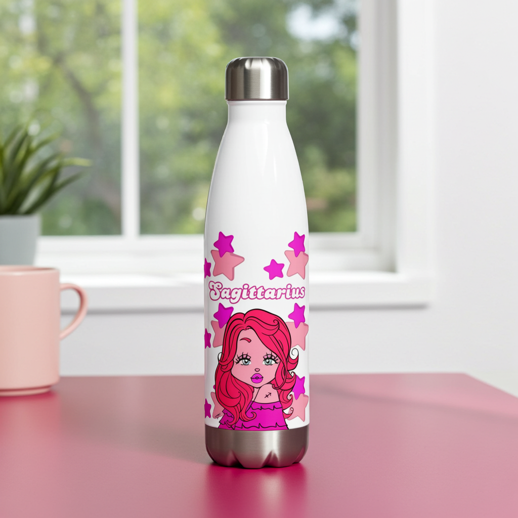 White water bottle with 'Capricorn' design on a pink surface with a window in the background