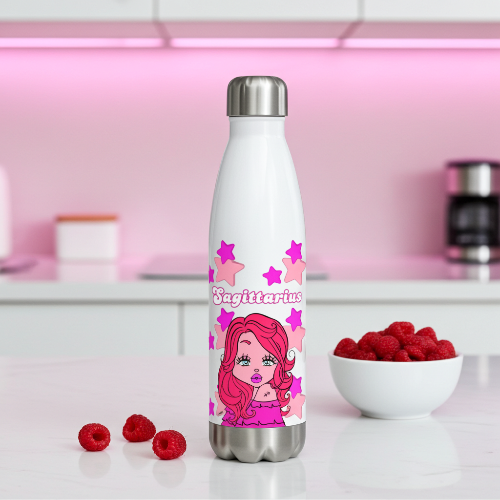 Thermos bottle with a Sagittarius character design and 'Sagittarius' text on a kitchen counter.