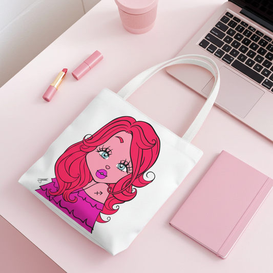 Tote bag with a Sagittarius character on a pink table with a laptop and makeup items.