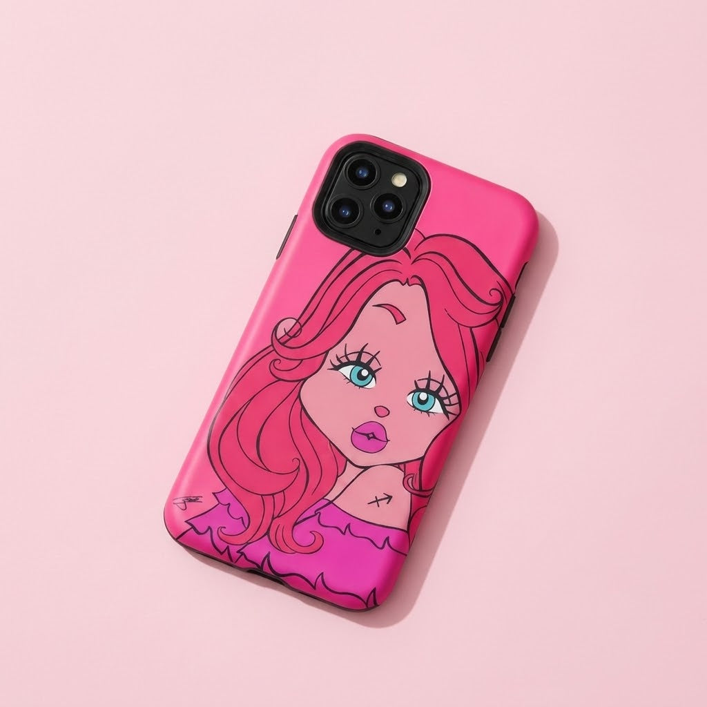 A pink phone case featuring a stylized cartoon illustration of a woman with long pink hair and blue eyes, shown on a light pink background.