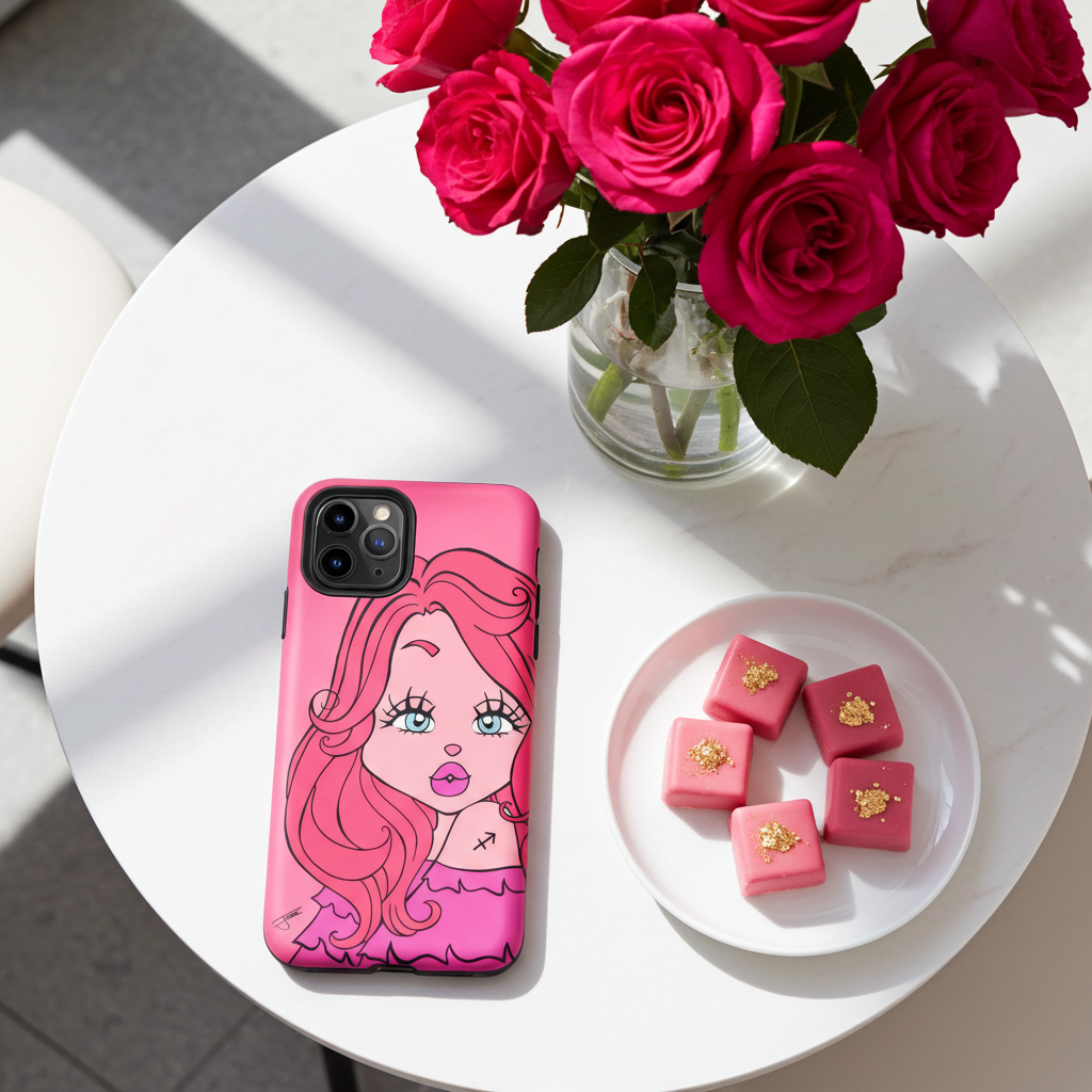 Pink phone case with a Sagittarius cartoon design on a white table with pink roses and candies.