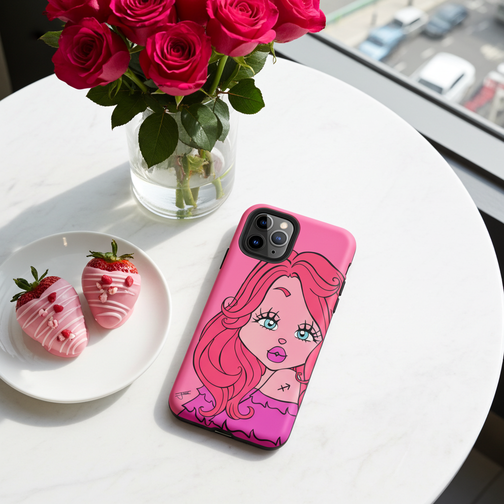 Phone case with a Sagittarius character design on a table with flowers and pastries
