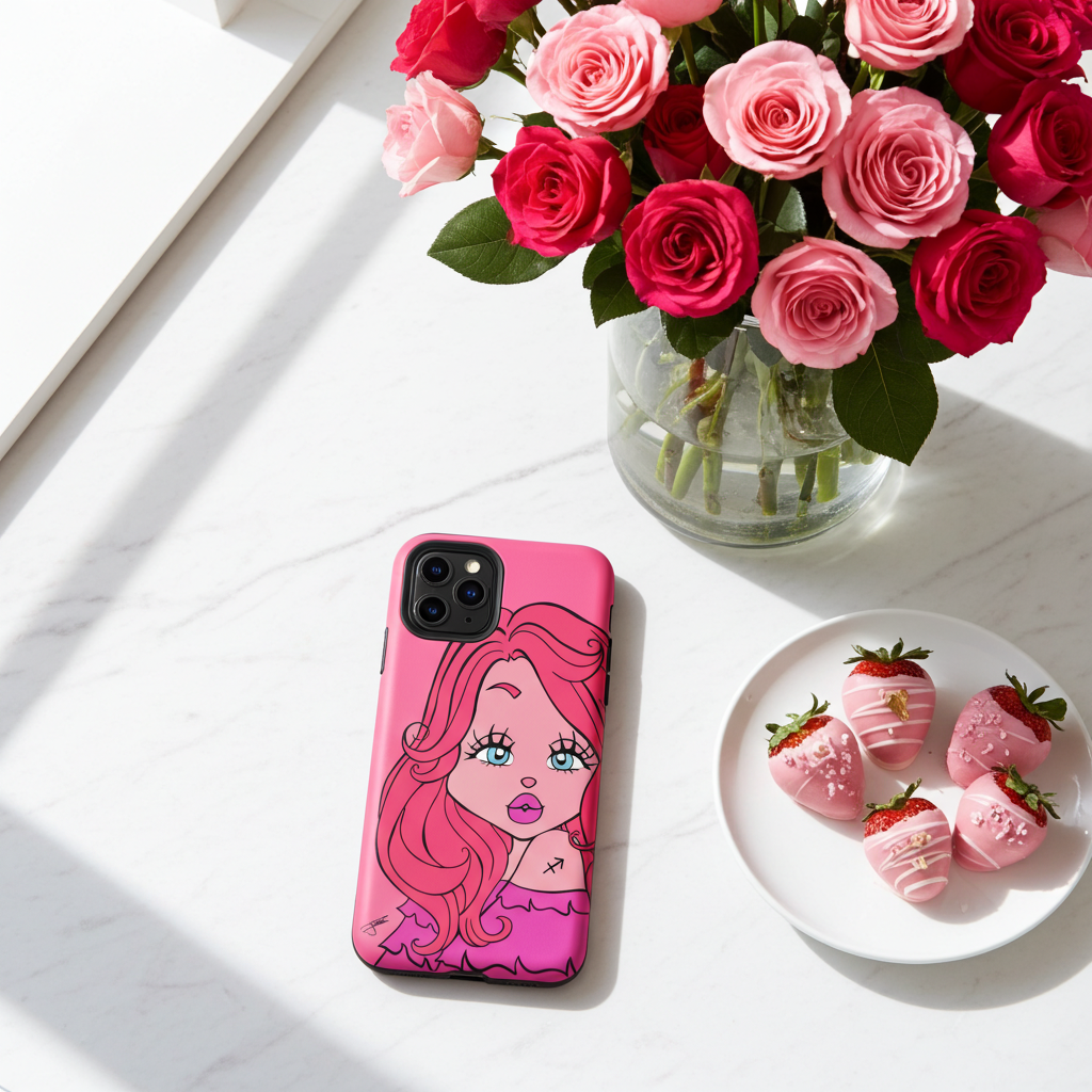 Pink phone case with a Sagittarius character design, vase of pink roses, and plate of pink strawberries on a white surface.