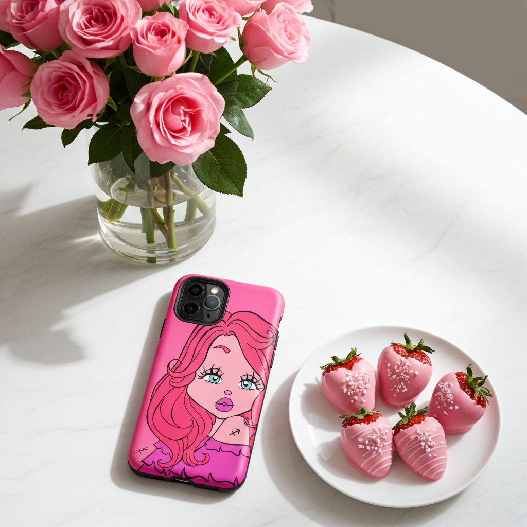Pink phone case with a sagittarius character design, pink roses, and chocolate-covered strawberries on a white surface.