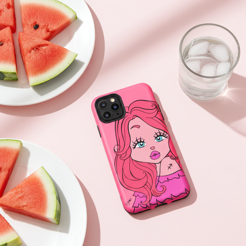 iphone case with a Sagittarius character design next to a plate of watermelon slices.