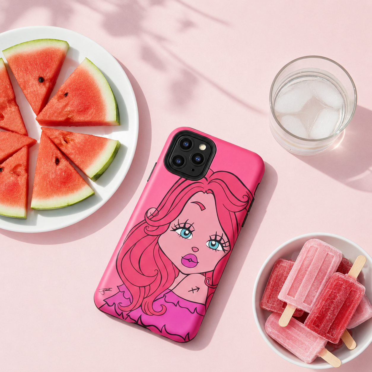 iphone case with a Sagittarius character design next to a plate of watermelon slices and a bowl of frozen popsicles.
