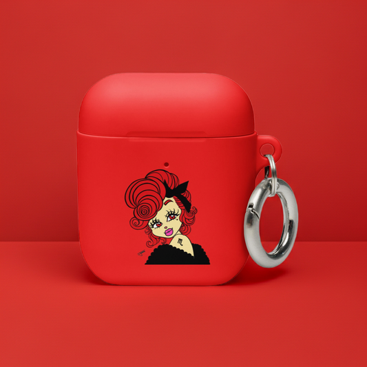 Red airpod case with a Scorpio character design on a red background