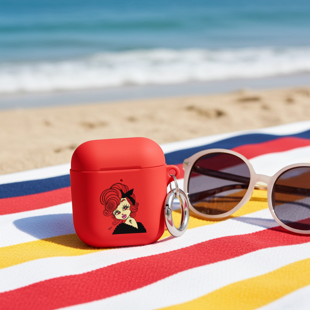 Red air pod case with a Scorpio character design on a striped towel at the beach