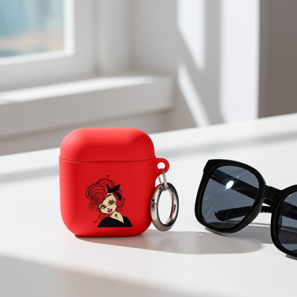 Red airpod case with a Scorpio character design and keychain on a white surface with sunglasses next to it.