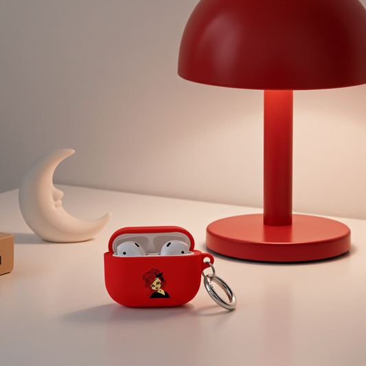 Red Scorpio wireless earbuds case with keychain on a table with a red lamp and white decorative object.