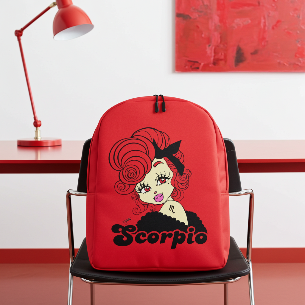 Red backpack with Scorpio design and 'Scorpio' text on a chair in a room with red accents.