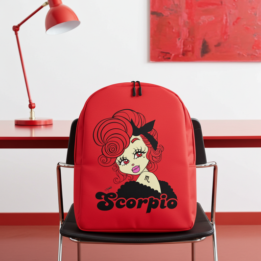 Red backpack with Scorpio design and 'Scorpio' text on a chair in a room with red accents.