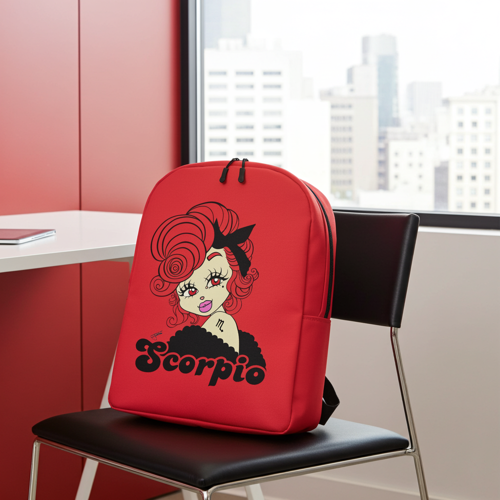 Red backpack with a Scorpio design on a chair in an office setting