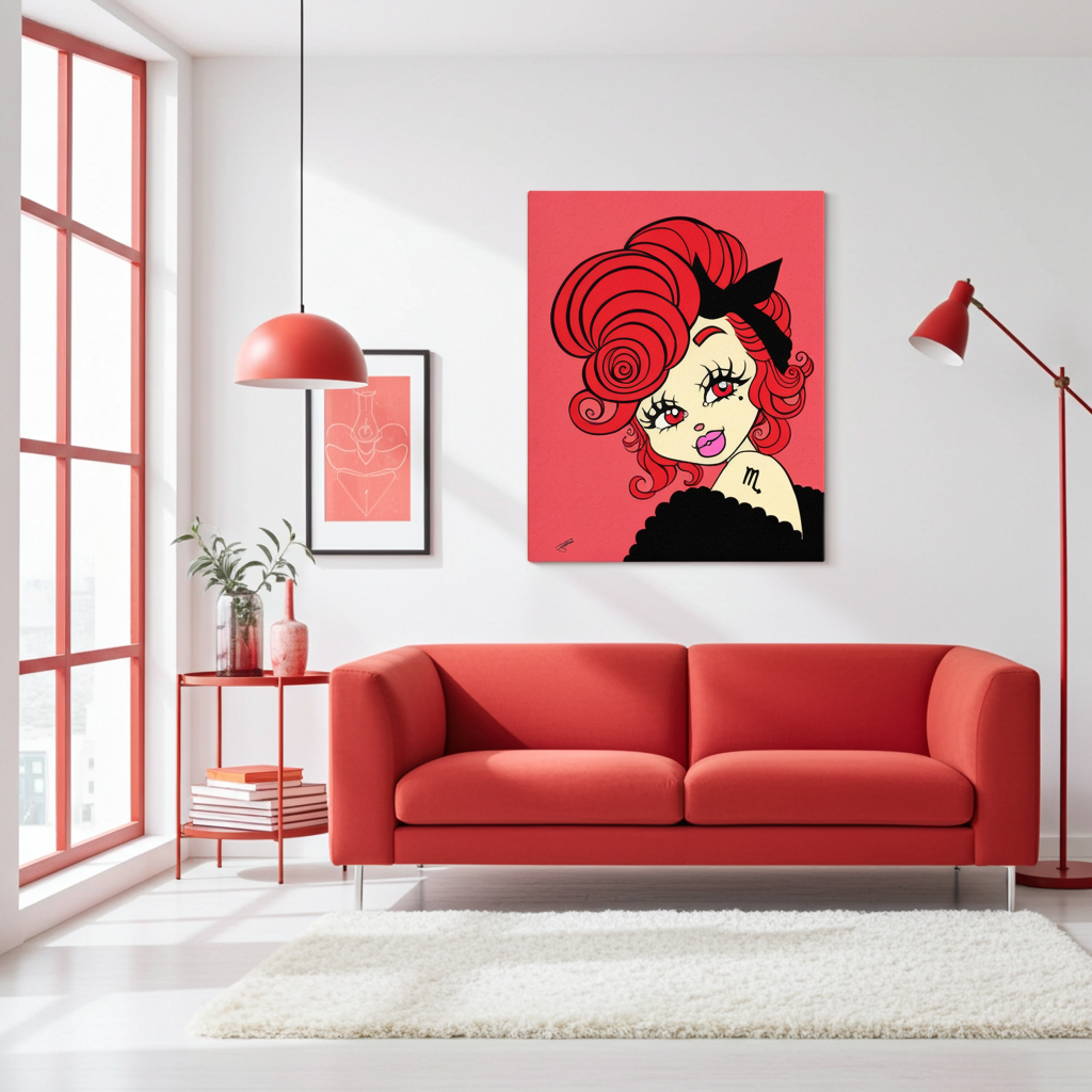 A framed pop-art style wall print featuring a stylized woman with bright red hair and a pink background, displayed above a red sofa in a modern living room with red furniture and a white rug.