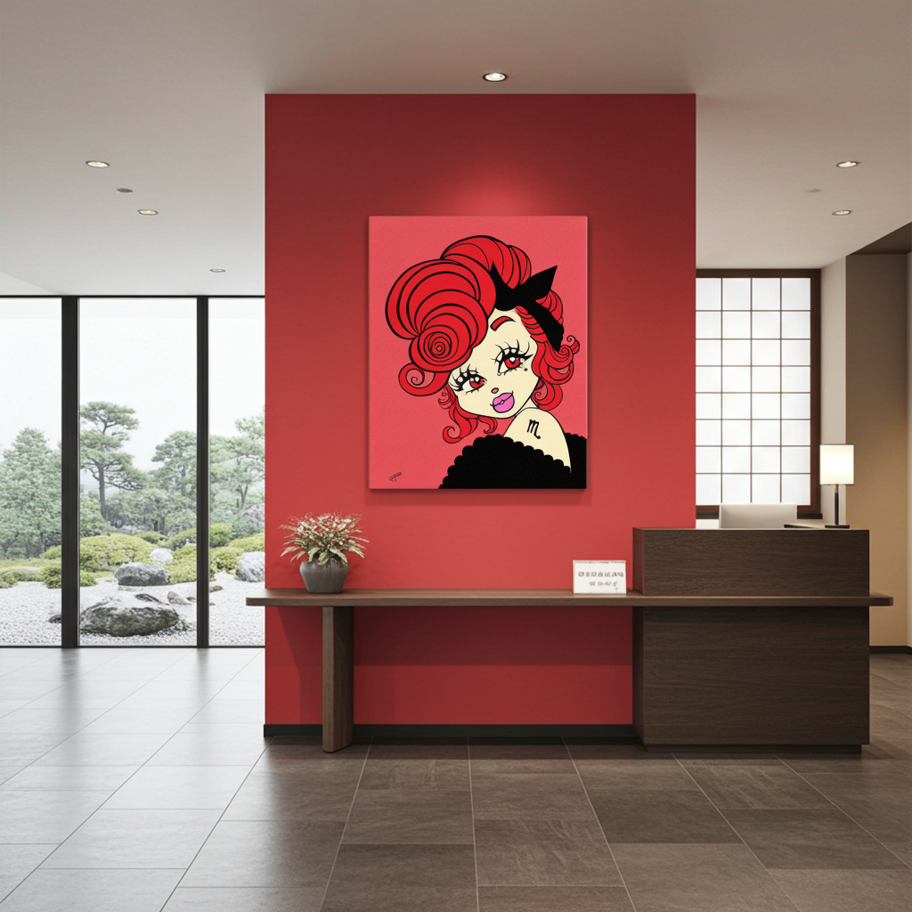 Modern interior with a red wall featuring a stylized Scorpio portrait, a reception desk, and large windows.