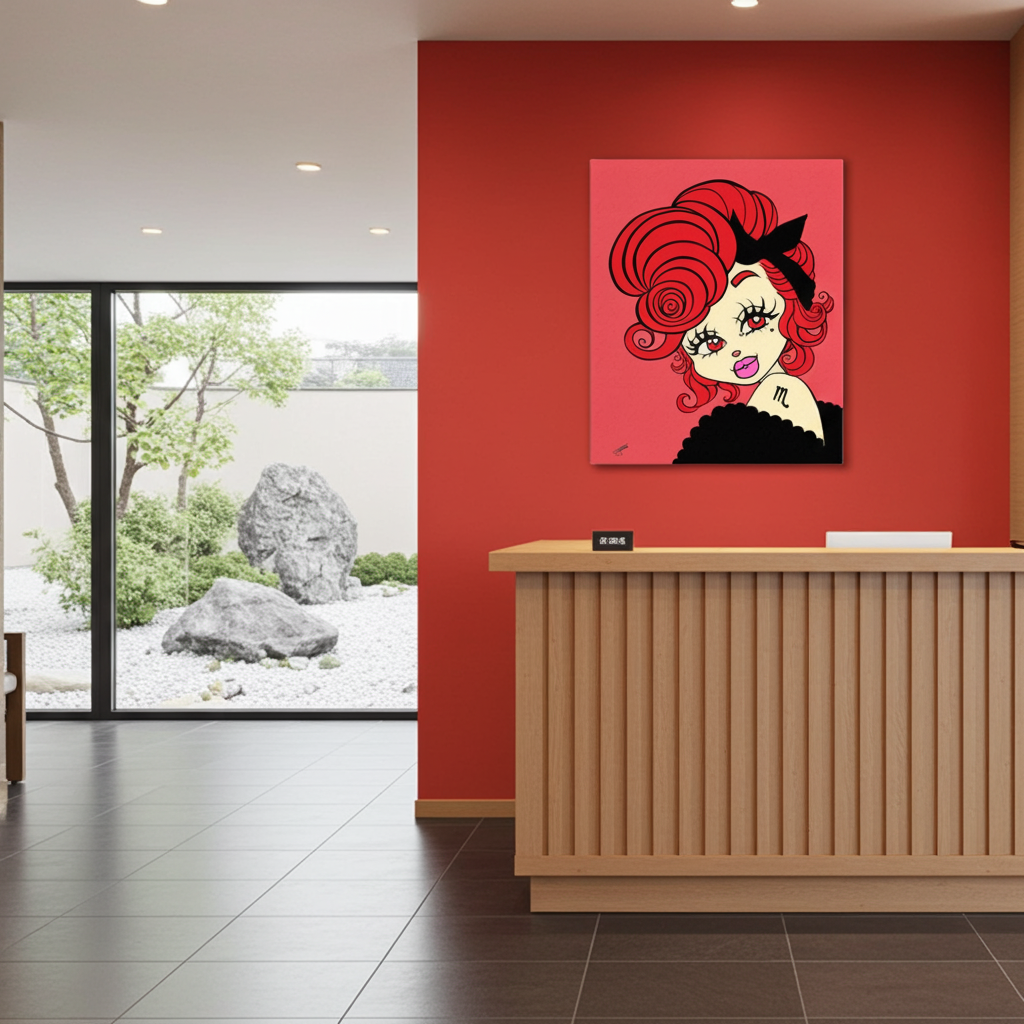 Modern interior with a red wall, wooden reception desk, and artwork of a stylized Scorpio character with red hair.
