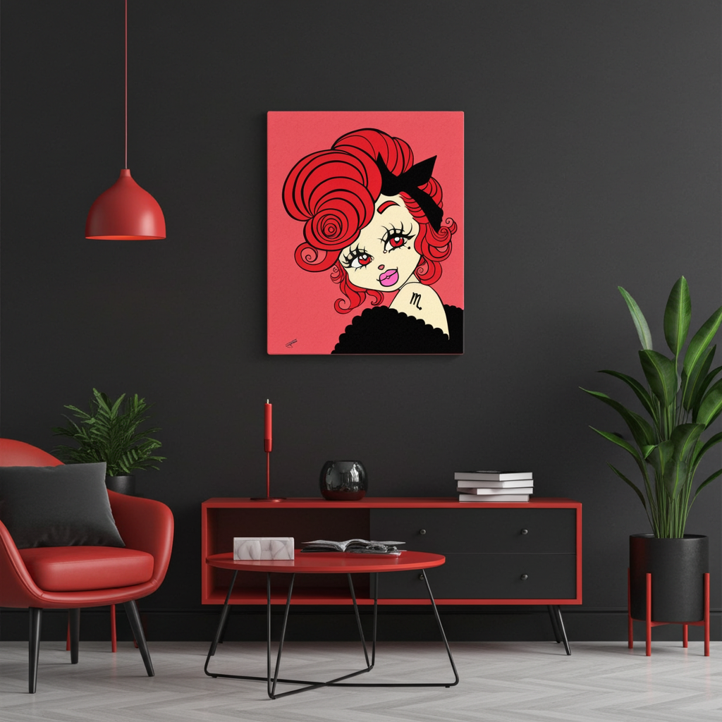 Modern living room with a red chair, coffee table, and black cabinet against a dark wall with a Scorpio character.